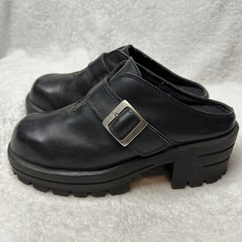 Harley-Davidson Black Leather Chunky Buckle Mules Platform Clogs Size9 Goth Y2K - Picture 2 of 10
